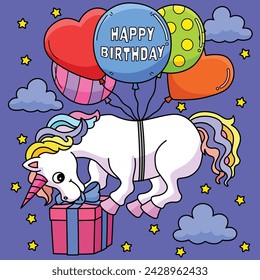 Happy Birthday Unicorn Balloons Colored Cartoon