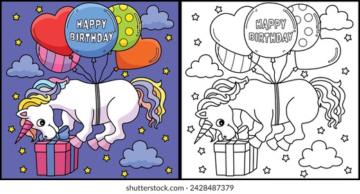 Happy Birthday Unicorn Balloons Coloring Page 