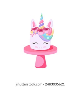 Happy Birthday unicorn cake in vector. Pink cake with unicorn.Vector illustration for cards, glasses, t-shirts