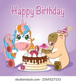 Happy Birthday unicorn and capybara with chocolate cake