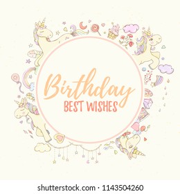 Happy Birthday unicorn card can be used for holiday cards, invitation, postcard, banner or website. Hand drawn illustration of flowers, leaves, feathers, balloon, heart, rainbow.