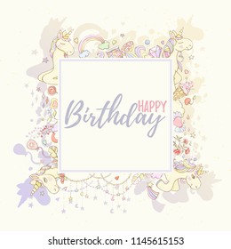 Happy Birthday unicorn card can be used for holiday cards, invitation, postcard, banner or website. Hand drawn illustration of flowers, leaves, feathers, balloon, heart, rainbow.
