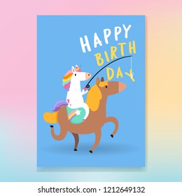 Feliz aniversário unicórnio cartão vetor