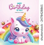 Happy birthday unicorn character vector design. Birthday greeting text with cute unicorn character and rainbow colorful decoration for kids invitation card template. Vector illustration birthday card 
