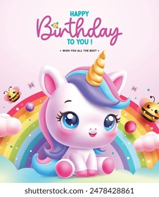 Happy birthday unicorn character vector design. Birthday greeting text with cute unicorn character and rainbow colorful decoration for kids invitation card template. Vector illustration birthday card 