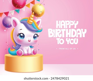 Happy birthday unicorn character vector design. Birthday greeting text with unicorn character in podium stage for kids party magical fantasy theme background. Vector illustration birthday card design.