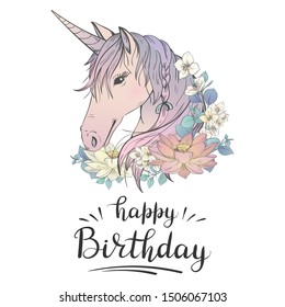 Happy Birthday Unicorn Flowers Stock Vector (Royalty Free) 1506067103 ...