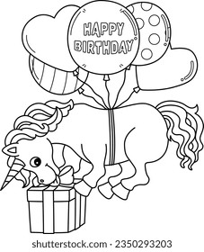 Happy Birthday Unicorn Isolated Coloring Page