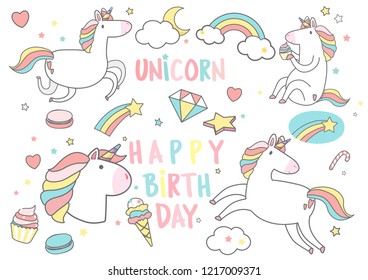 Happy Birthday unicorn with magic elements card vector