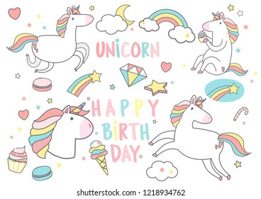 Happy Birthday unicorn with magic elements card vector