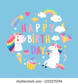 Happy Birthday unicorn with magic elements card vector