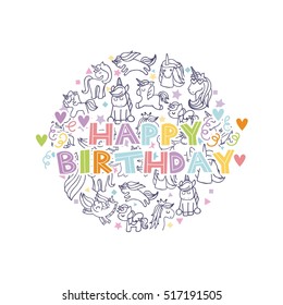 Happy Birthday With Unicorns Icons In Circle Shape Over White Background. Colorful Design. Vector Illustration