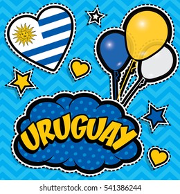 Happy Birthday URUGUAY - Pop art fashion chic patches, badges, pins and stickers. Happy Independence Day .Vector Illustration with country flag.
