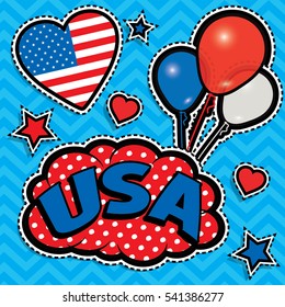 Happy Birthday USA - Pop art fashion chic patches, badges, pins and stickers. Happy Independence Day .Vector Illustration with country flag.