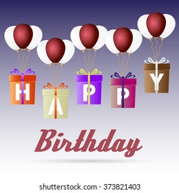 happy birthday variations gift package soaring with helium balloons icons set eps10