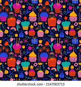 Happy birthday vector abstract seamless pattern. Colorful shapes and elements on black background. Bday cake, gift, flowers, heart, crown, star, dots. Hand drawn modern illustration in pop art style