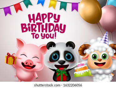 Happy birthday vector animal kids party. Happy birthday greeting text with animal characters like pig, bear and lamb holding party elements of cake, gifts, balloons, hat and pennants in white.