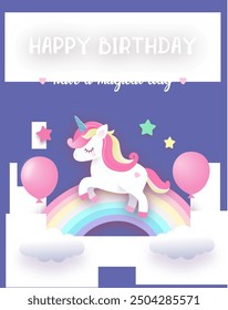 Alles Gute zum Geburtstag, Vektorhintergrund. Niedliches Einhorn auf der Regenbogengrafik