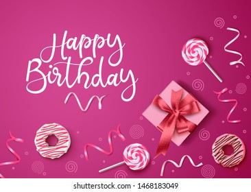 Happy birthday vector background design. Happy birthday text with gift, donuts, candies and confetti in feminine pink background. Vector illustration.
