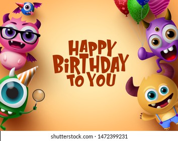 Happy birthday vector background design. Cute little monsters character with colorful party elements like balloons and hat in orange background with happy birthday text in empty space for message.