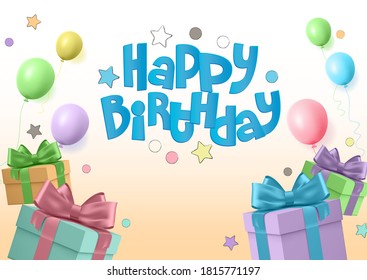 Happy birthday vector background design. Birthday greeting text with party elements like gifts and balloons for celebration. Vector illustration
