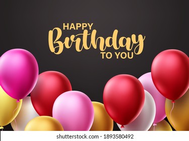 Happy birthday vector background design. Birthday greeting text with colorful balloons for party and celebration card in black background. Vector illustration.
