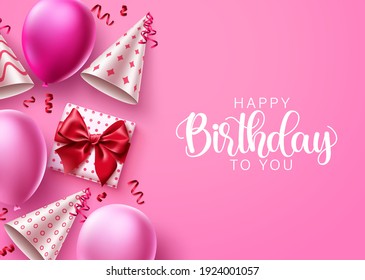 Happy birthday vector background design. Birthday greeting text in pink space with balloons, gifts and confetti elements for party celebrations and decoration. Vector illustration.