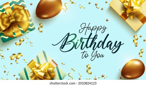 Happy birthday vector background design. Happy birthday to you greeting text with gold elegant gifts, ribbon and balloons elements for birth day party celebration card design. Vector illustration