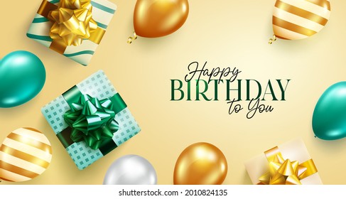 Happy birthday vector background design. Happy birthday to you greeting text with balloons and gifts celebrating elements for birth day celebration card design. Vector illustration
