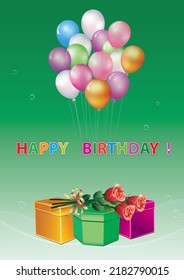 Happy birthday vector background design. Multicolor congratulatory text with balloons and gift boxes, flowers. Vector illustration