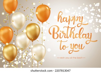 Happy birthday vector background design. Happy birthday to you greeting text with golden balloons and bokeh lights elements for elegant birth day card messages. Vector illustration.
