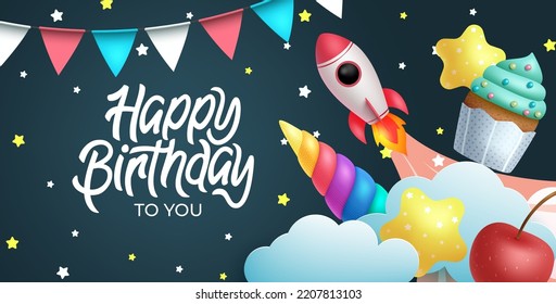 Happy birthday vector background design. Birthday greeting text in empty space with cute kids party decoration elements. Vector Illustration.
