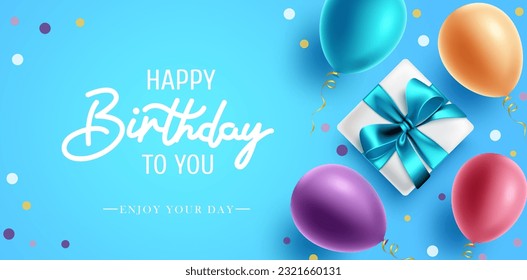 Happy birthday vector background design. Happy birthday text in blue space with balloons and gift elements for birth day greeting messages. Vector illustration.
