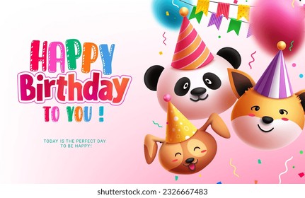 Happy birthday vector background design. Birthday greeting text with animal emoji characters in colorful party elements. Vector illustration holiday celebration template.