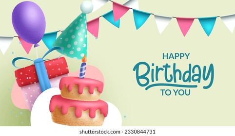 Happy birthday vector background design. Birthday greeting text with party decorations for occasion banner. Vector Illustration.
