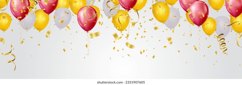 Feliz diseño de fondo vectorial de cumpleaños. Feliz cumpleaños para ti saludo texto con globos, amarillo, color plateado, rojo