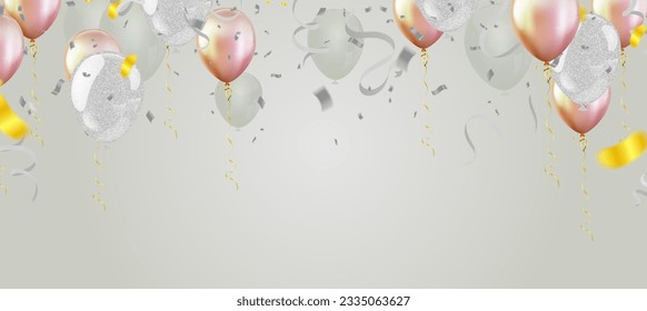 Happy birthday vector background design. Happy birthday to you greeting text with balloons, silver color