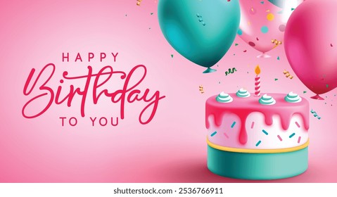 Happy birthday vector background design. Birthday text in pink space for message with party cake, confetti and balloons decoration elements. Vector Illustration.
