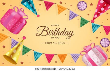 Happy Birthday Vector Background Design. Happy Birthday to You Text with Colorful Balloons and Confetti Decoration Element, Birth day Celebration Greeting Card. Design template for birthday