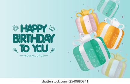 Happy Birthday Vektor Hintergrunddesign. Happy Birthday to You Text mit bunten Geschenkboxen und Konfetti Dekoration Element, Geburtstag Feier Grußkarte. Designvorlage zum Geburtstag