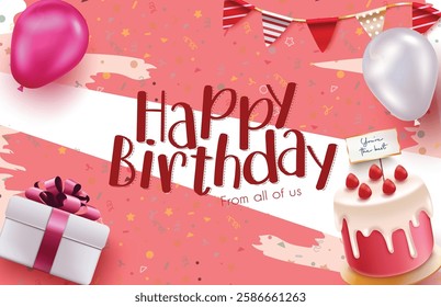 Happy birthday vector background design. Birthday greeting text in pattern background with cake, gift and pennants for birthday party. Vector illustration.
