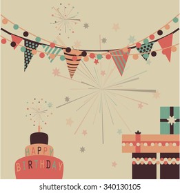 Happy Birthday vector background in pastel colors with cake, gifts and party flags