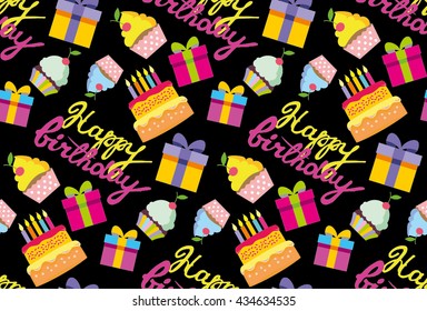 Happy birthday vector background. Pattern with present, cake, cupcake and calligraphic text. Vector pattern. Vector illustration