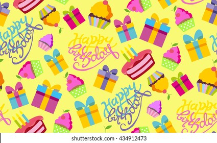 Happy birthday vector background. Pattern with present, cake, cupcake and calligraphic text. Vector pattern. Vector illustration