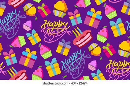 Happy birthday vector background. Pattern with present, cake, cupcake and calligraphic text. Vector pattern. Vector illustration