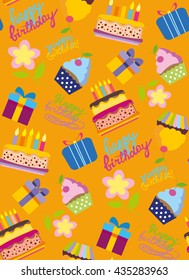 Happy birthday vector background. Pattern with present, cake, cupcake and calligraphic text. Vector pattern. Vector illustration