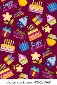 Happy birthday vector background. Pattern with present, cake, cupcake and calligraphic text. Vector pattern. Vector illustration