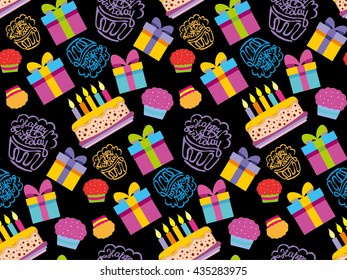 Happy birthday vector background. Pattern with present, cake, cupcake and calligraphic text. Vector pattern. Vector illustration
