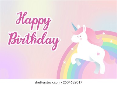 Alles Gute zum Geburtstag, Vektorhintergrund mit einem Regenbogen-Einhorn am wolkenverhangenen Himmel