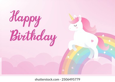 Happy Birthday Vector Background with a Unicorn, Rainbow and Clouds